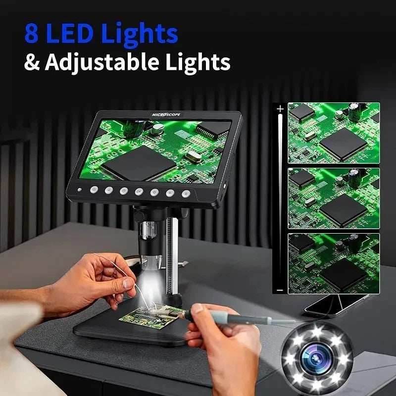 7" IPS Screen Digital Microscope 5MP 1200X Photo & Video Microscope 8 LED Lights