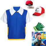 Ash Ketchum Cosplay Costume Blue Jacket Pokemon Trainer Outfit Cap Gloves Set