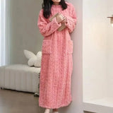 Women Ladies Winter Extra Long Crew Neck Dressing Gown Fleece Warm Pyjamas Soft