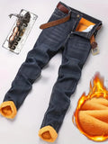 Winter Warm Mens Denim Pants Jeans Fleece Stretch Thick Straight Trousers