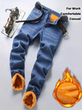 Winter Warm Mens Denim Pants Jeans Fleece Stretch Thick Straight Trousers