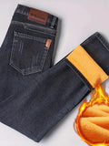 Winter Warm Mens Denim Pants Jeans Fleece Stretch Thick Straight Trousers