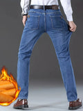 Winter Warm Mens Denim Pants Jeans Fleece Stretch Thick Straight Trousers