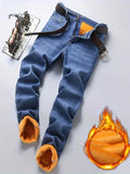 Winter Warm Mens Denim Pants Jeans Fleece Stretch Thick Straight Trousers