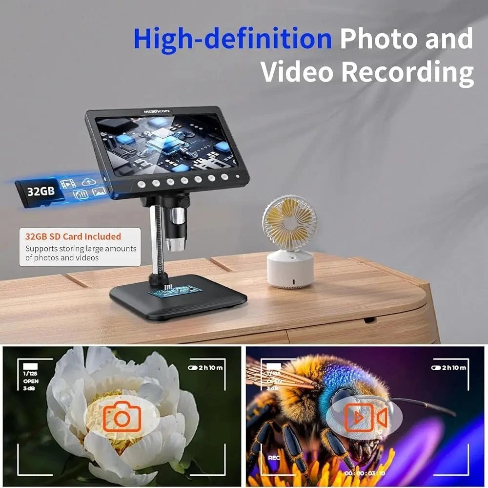 7" IPS Screen Digital Microscope 5MP 1200X Photo & Video Microscope 8 LED Lights